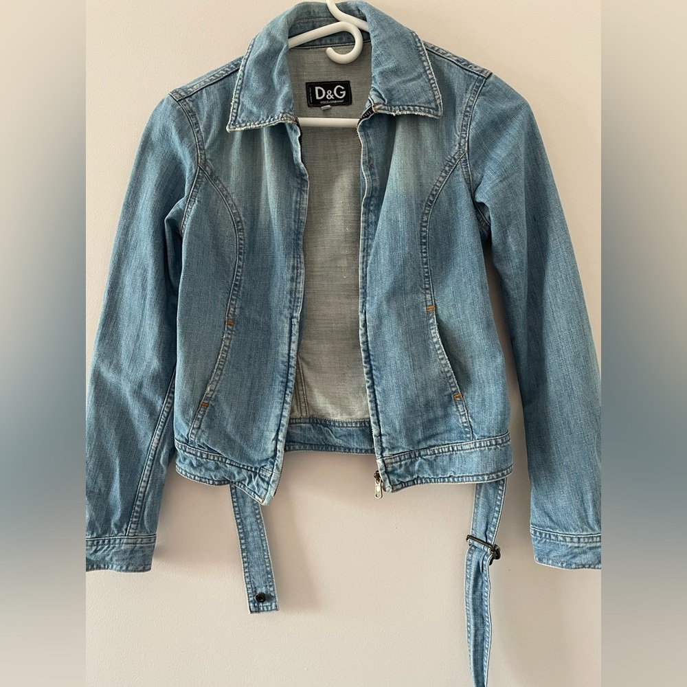 Vintage D&G Dolce & Gabbana Light Blue Denim Belted Jacket XS Y2K - Picture 1 of 14